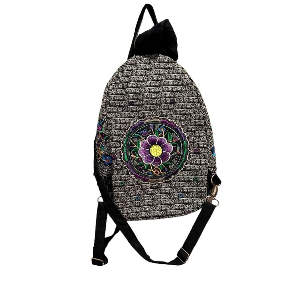 Floral Embroided Backpack Boho Bohemian Black Purple Mexican